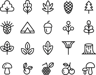 Nature forest tree, leaf, pine cone, flower, fruit, berry, mushroom, acorn, stump, tent, outdoor, camping, botanical, garden, woodland icons