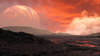 pixelated volcanic moon landscape under blood red