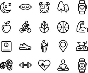 Health and Fitness Icon Set, Black and White Vector, Wellness and Lifestyle Symbols, Exercise and Nutrition Graphics, Mindfulness and Outdoor Activity Line Illustration