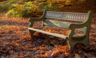 Rustic park bench in autumn foliage. Sunlight highlights fallen leaves