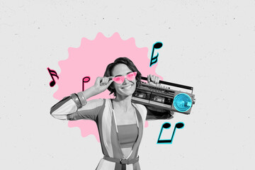 Art sketch 3d image banner collage of happy meloman hold boombox note celebration weekend chill...