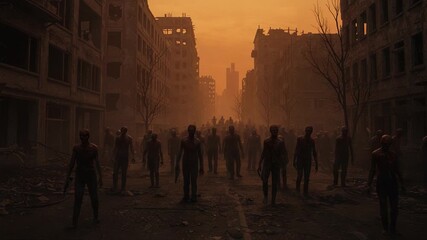 A haunting post-apocalyptic landscape filled with shadowy humanoid figures walking through abandoned city ruins under a dim orange sky, illustrating a world lost to time and decay. - Powered by Adobe
