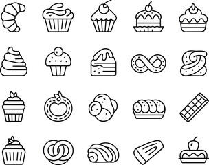 Baked goods dessert line icons set, croissant cupcake cake pretzel muffin chocolate pastry sweet treat bakery confectionery, minimalist black outline vector food symbols
