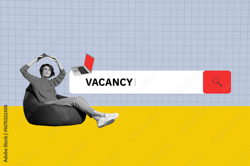 Aufkleber visual abstract collage of person sit read book browsing vacancy with netbook on blue background