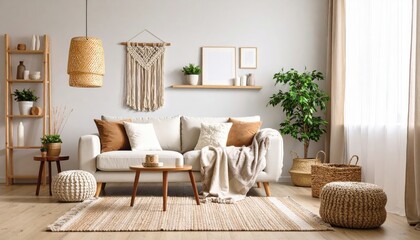 Sunlit Bohemian Living Room with Woven Textures and Natural Decor.