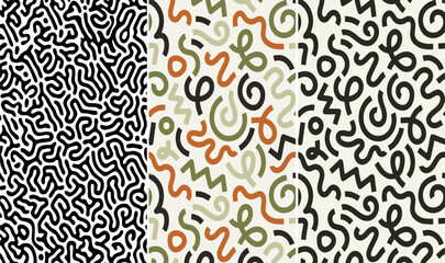 Set of abstract black and white doodle art patterns with tribal, surreal, and geometric elements. Hand-drawn style with expressive lines and faces, ideal for backgrounds, textiles, posters