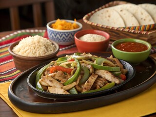 Hot chicken fajitas sizzle on a cast iron skillet, with rice and toppings