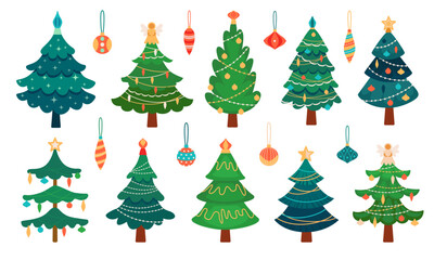 Cartoon christmas tree set. Minimalist winter xmas fir decor with ornaments, festive spruce with garlands, stars and angels vector set