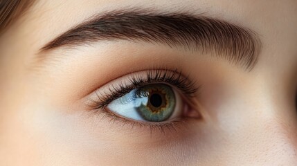 Obraz premium Close-up of a woman's eyes with well-defined eyebrows, full lashes, and smooth skin, highlighting meticulous grooming. Concept of beauty, eyebrow shaping kit, grooming and natural brow look.