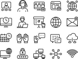 Technology communication and networking icon set, black and white line vector, secure messaging, video call, cloud computing, global connectivity, internet, cybersecurity