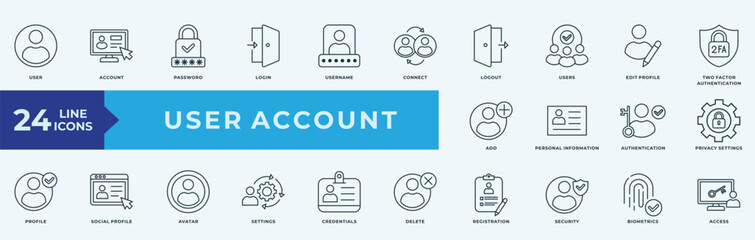 User Account icon collection set with user, account, password, login, username, connect, logout