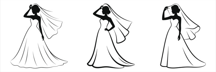 (Bride adjusting veil)Bride silhouette and outline vector set. Elegant woman in wedding dress touching her veil. Isolated graphic collection for marriage invitation or bridal design.