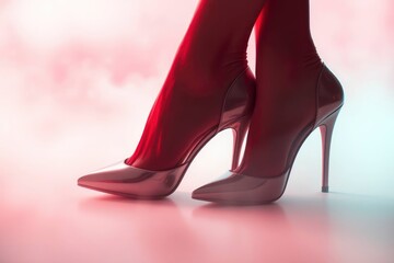 Silver heels red stockings against a soft gradient backdrop