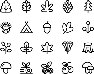 Nature and camping icon set, trees, leaves, mushrooms, berries, acorns, stump, axe, tent, forest, outdoor elements, minimal line style, vector illustration