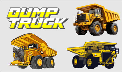 et of three yellow dump trucks in cartoon-style illustration. Perfect for construction, transportation, and heavy machinery-themed designs © hadi