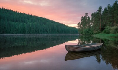 Obraz premium Serene lake scene at sunset, featuring a small wooden boat reflecting in calm water, surrounded by lush green forest