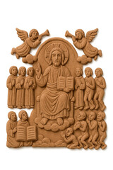Fototapeta premium Sacred relief art with angels and holy figures in intricate carved design