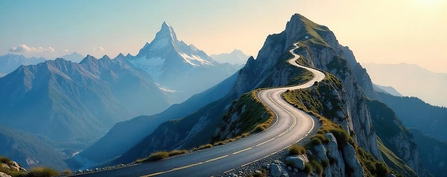 A winding road ascending a mountain, symbolizing the journey of career progression and the challenges and rewards along the way  The peak represents success and achievement ,  ascent,  goals