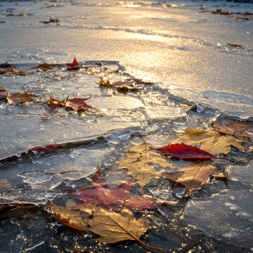 Muddy Trail with Russet Leaves and a Puddle Refle ction