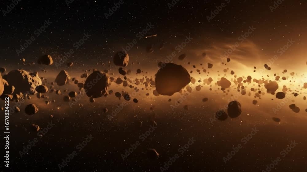 Poster dynamic asteroid field with spacecraft soaring through space, cinematic and epic view