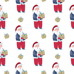 Seamless Santa Claus vector pattern with gifts, festive Christmas background for wrapping paper, textile, packaging, holiday decoration