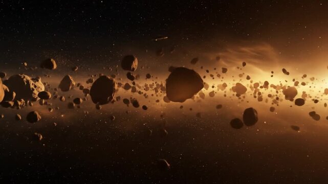 Dynamic asteroid field with spacecraft soaring through space, cinematic and epic view