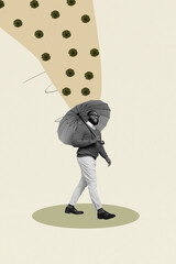 Naklejka premium Poster trend collage of person walk parasol with wave flowers petals on pastel color background