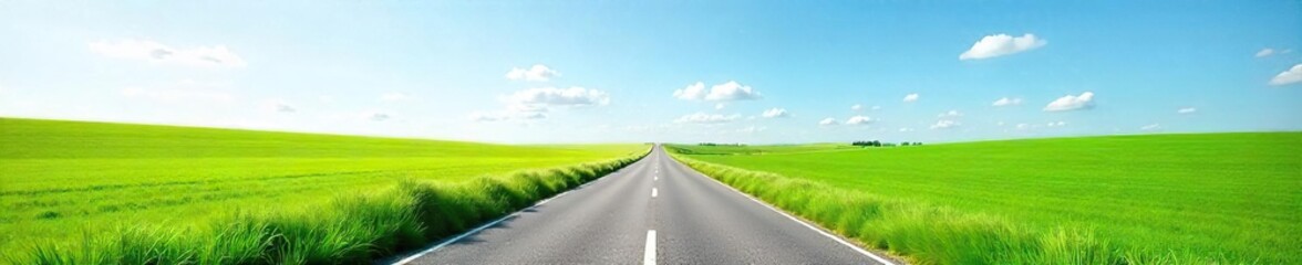 Fototapeta premium Serene country road stretching towards a distant horizon, lush green fields and clear blue sky Perfect for travel, nature, and rural themes , nature, sun, open space
