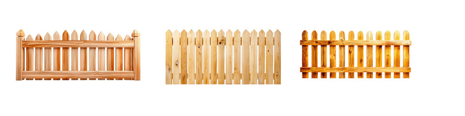 Collection of Different Wooden Fences with Distinct Styles and Textures for Garden or Property Enclosure Enhancement