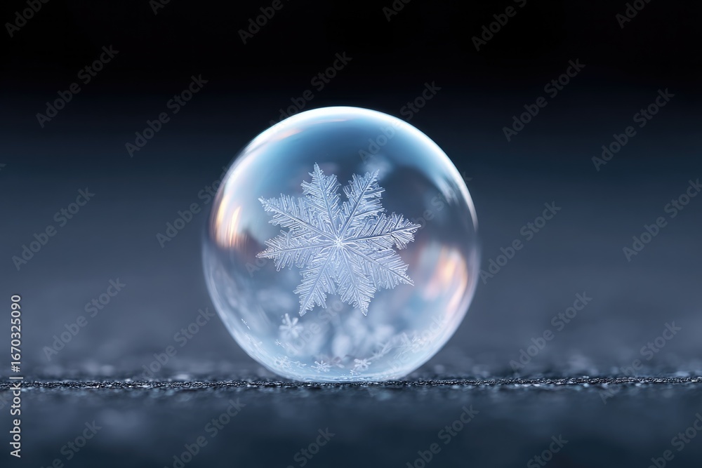 Poster delicate bubble with intricate snowflake pattern rests on icy su
