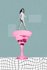 Banner trendy poster image collage of happy pretty girl stand martini cocktail glass alcohol toast celebration weekend chill