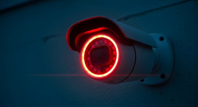 Red-ringed security camera watches silently in the dark, its infrared light illuminating the night. A watchful eye in the shadows, ever vigilant.