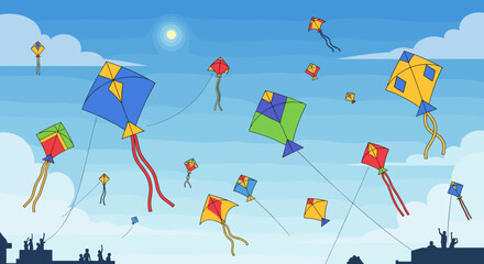 Vibrant kites dance across a bright blue sky filled with fluffy white clouds