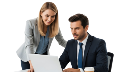 Business Professionals Collaborate on a Laptop in a Modern Office Setting, White Background