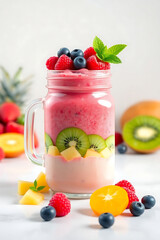 Layered Tropical Fruit Smoothie in Jar with Kiwi, Mango, Berries, and Mint &mdash; Healthy Summer Detox Drink