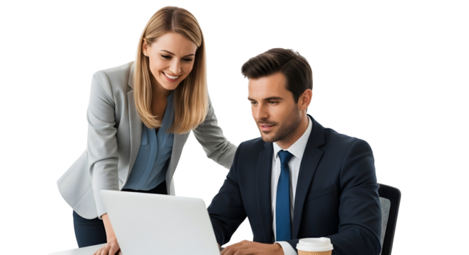 Business Professionals Collaborate on a Laptop in a Modern Office Setting, White Background