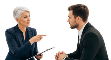 Business meeting between a male and female interviewer discussing a project with seriousness and professionalism