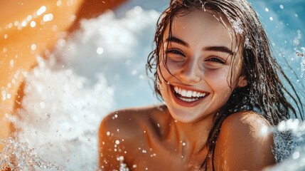 Obraz premium Happy young woman in bikini with rubber inflatable float, playing and having a good time at water fun park pool, on a summer hot day