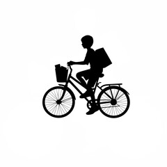 Fototapeta premium Boy riding bicycle with groceries and books silhouette on white background isolated on white background