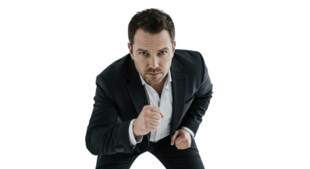 Confident gender-neutral business professional in dark blazer, resolute expression, low-angle shot, minimalist studio background with soft bokeh, concept of powerful leadership and strategic vision