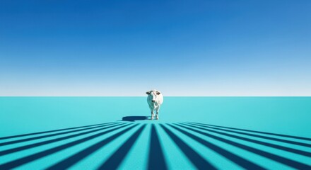 A lone cow walks across a vibrant blue landscape with striking shadow patterns