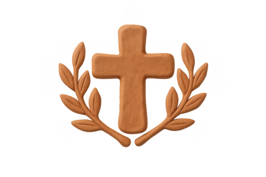 Clay cross with laurel wreath emblem in 3d clay style on black background