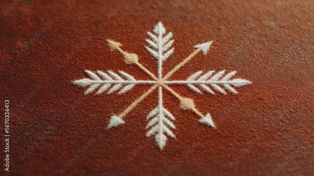 Poster intricate snowflake design with arrow motifs on rich brown backg
