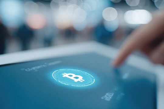 Touchscreen interaction with digital cryptocurrency icon highlig