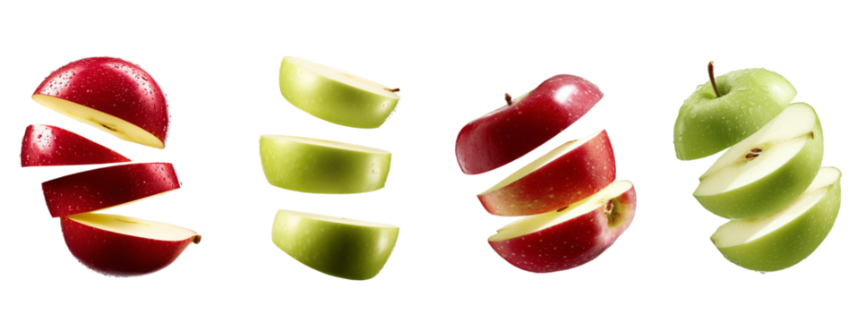 Sliced red, green apples on transparent background, cutout