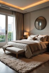 Obraz premium Luxurious, plush rug perfectly complements a master bedroom's elegant design, adding warmth and texture to the space Ideal for creating a cozy and sophisticated atmosphere , interior, brown