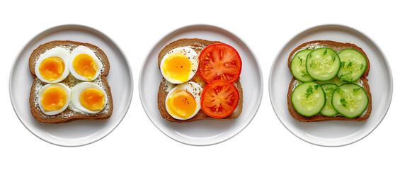 Open faced sandwiches with boiled eggs on transparent background, cutout