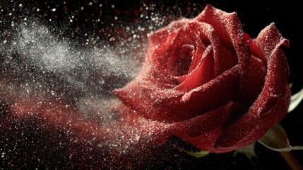 Close up of beautiful blooming red rose covered with sparkling glitter on a black background
