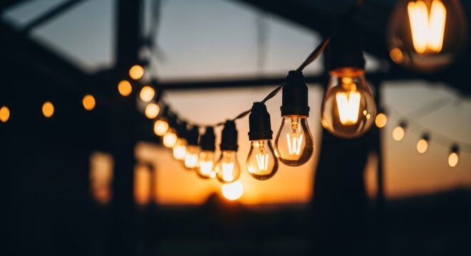 String of warm incandescent lights at sunset