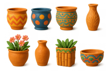 Colorful handmade clay pots with intricate patterns and natural designs